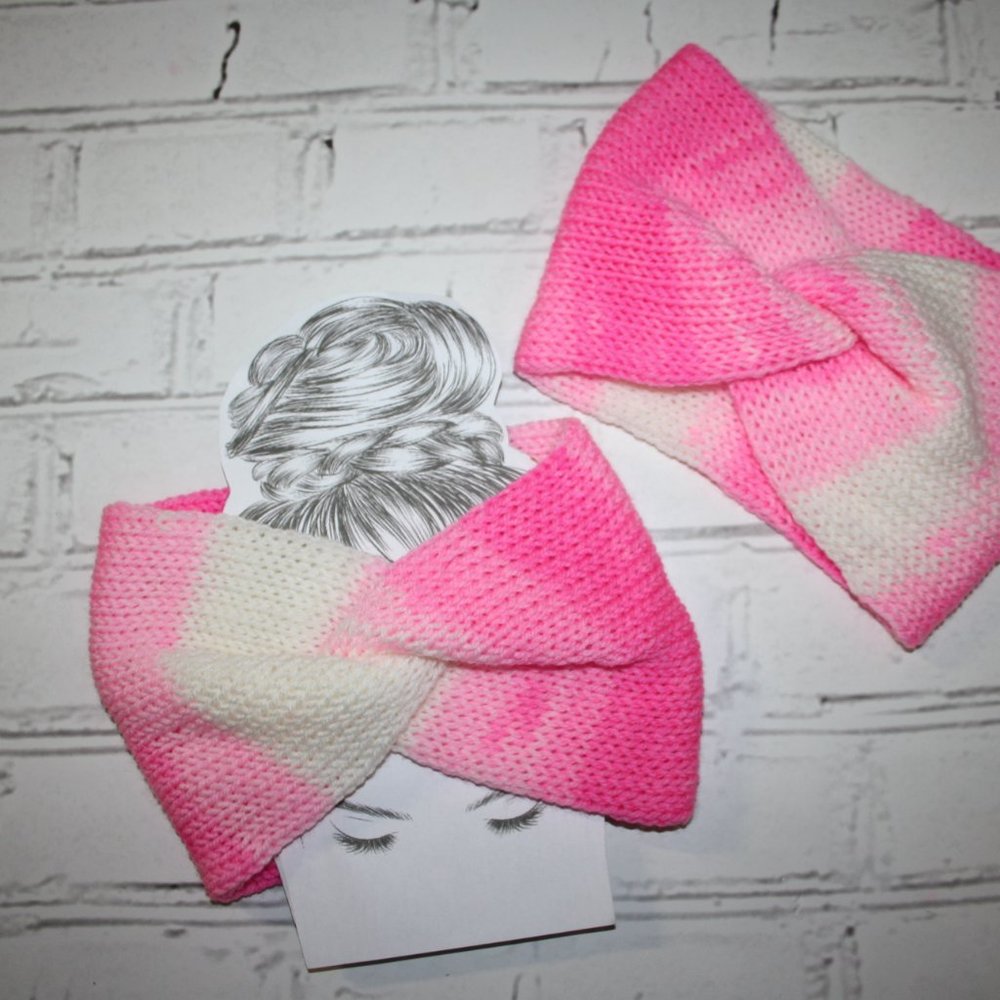 💖 Hot Pink & White Twisted Knit Headband – Handmade · One Size * - Picture 2 of 4